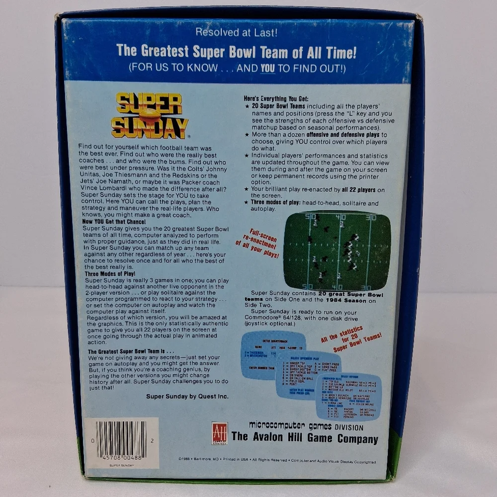 Commodore 64 128 Computer Game Diskette 1984 Super Sunday Football #48855 Avalon